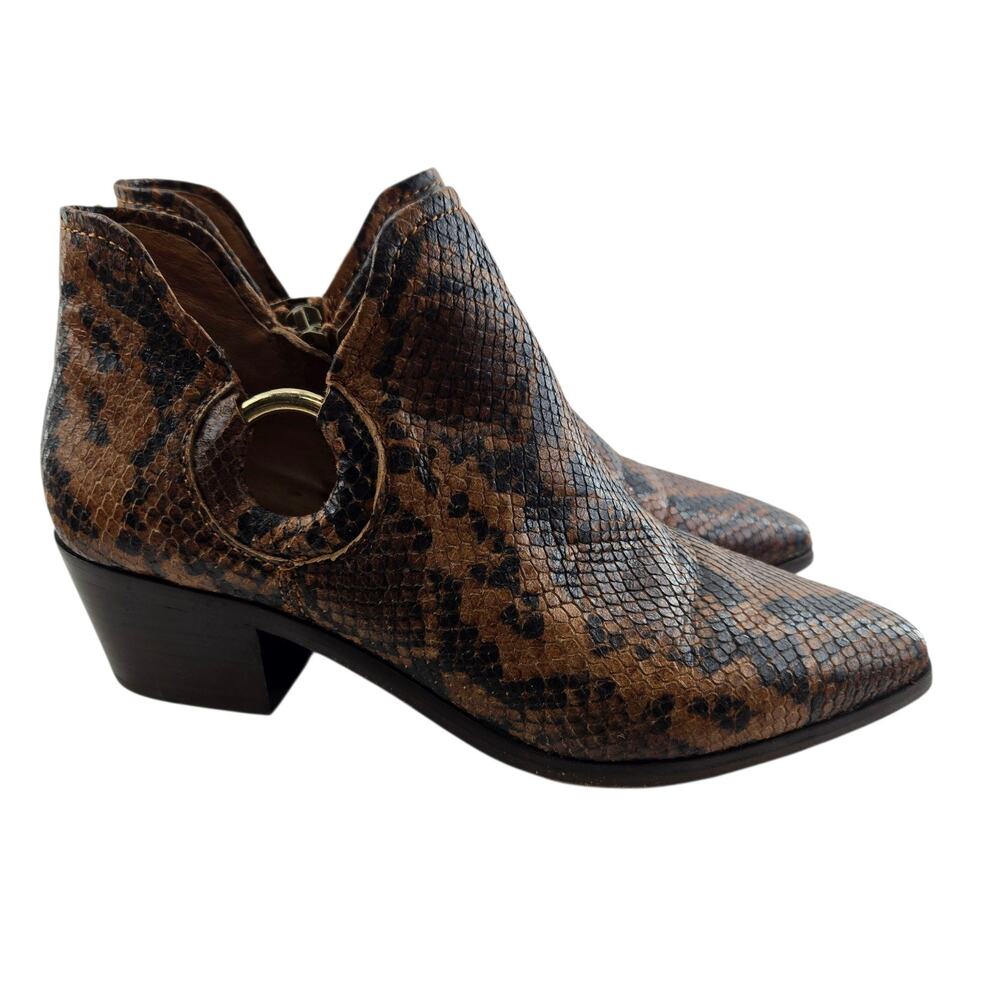 Frye Ellen Harness Booties Womens 8 Brown Snake Print Leather Mid‎ Heel Mob Wife